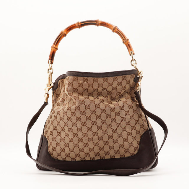 Sac Gucci Bambou Diana hobo toile monogrammée beige vue de face occasion authentique — AMANA Vintage