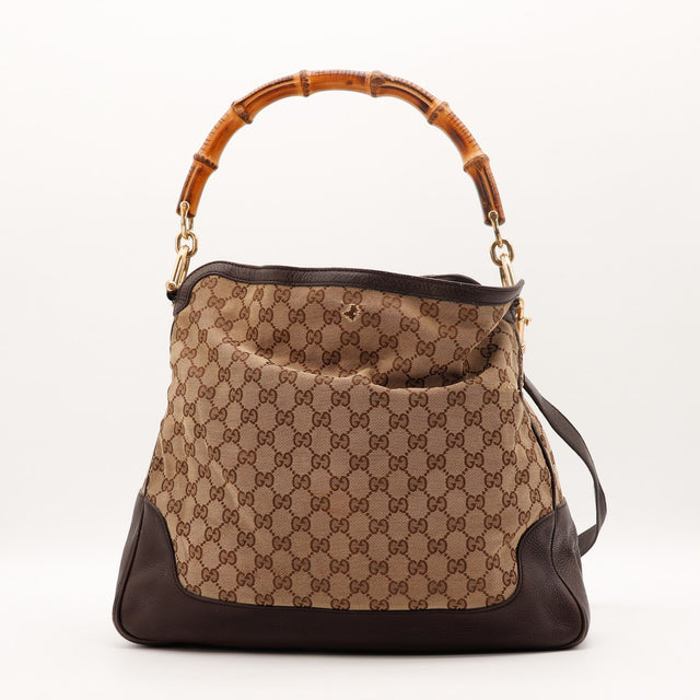 Détail toile GG monogram beige Gucci Bambou Diana occasion authentique — AMANA Vintage