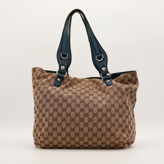 Face arriere Tote Horsebit Gucci GG Canvas beige et cuir bleu — AMANA Vintage