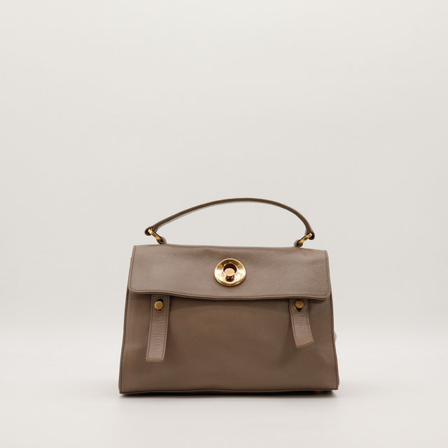 Sac Saint Laurent Muse Two cuir grené taupe vue de face occasion authentique — AMANA Vintage