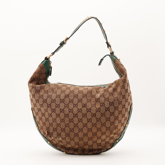Sac Gucci Hobo demi-lune toile monogrammée beige cuir vert occasion authentique — AMANA Vintage