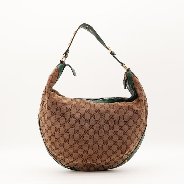 Détail bordures cuir vert clous dorés Gucci Hobo demi-lune occasion authentique — AMANA Vintage