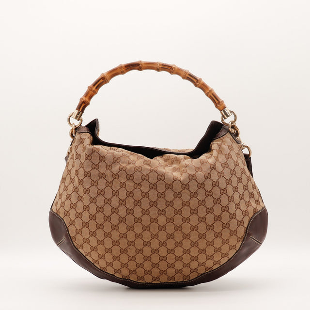 Sac Gucci Hobo Bambou toile monogrammée beige vue de face occasion authentique — AMANA Vintage