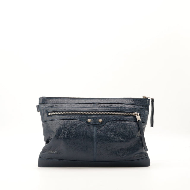 Pochette Balenciaga City Clip cuir agneau bleu marine vue de face occasion authentique — AMANA Vintage