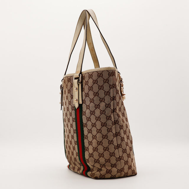 Tote Web Gucci profil droit detail anses cuir ivoire occasion — AMANA Vintage