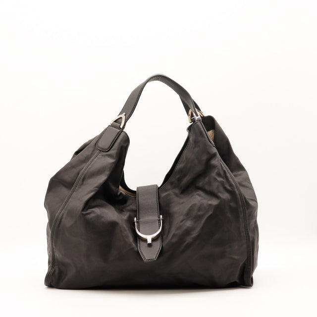Sac Gucci Stirrup Hobo cuir lisse noir vue de face occasion authentique — AMANA Vintage