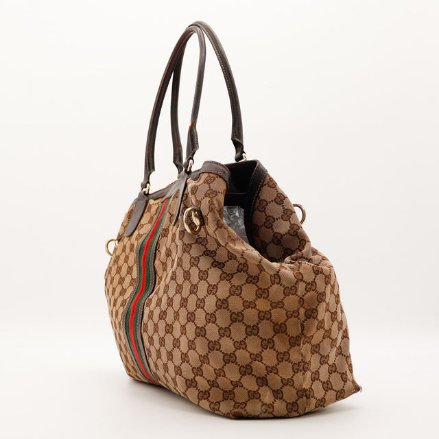 Tote Bag Gucci Web GG Canvas vue de cote ouvert occasion — AMANA Vintage