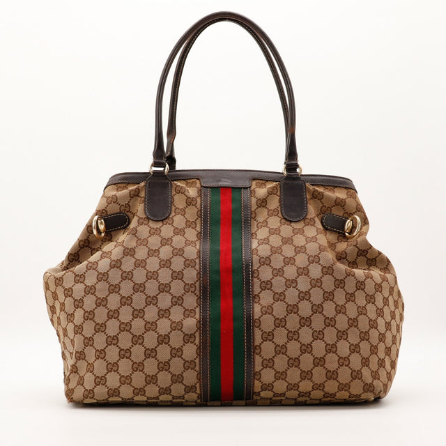 Tote Bag Gucci Web GG Canvas vue de face dos occasion authentique — AMANA Vintage