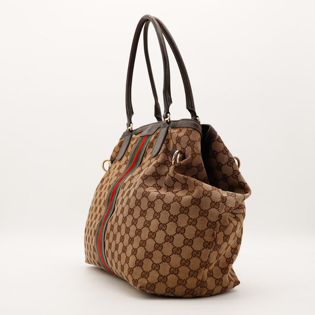 Tote Bag Gucci Web GG Canvas vue de cote tres bon etat occasion — AMANA Vintage