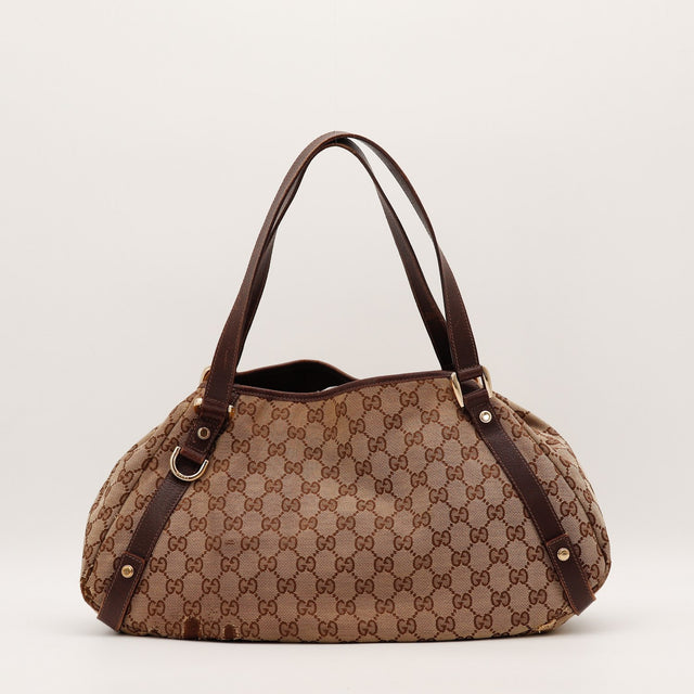 Vue de face Gucci Abbey D-Ring toile monogrammée beige et cuir chocolat occasion authentique — AMANA Vintage
