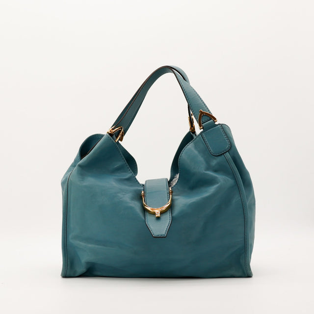 Sac Gucci Hobo Stirrup cuir lisse vert canard vue de face occasion authentique — AMANA Vintage