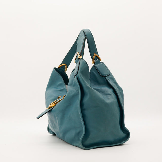 Gucci Hobo Stirrup vert canard vue de profil gauche cuir lisse — AMANA Vintage