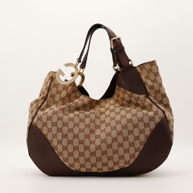 Sac Gucci Hobo Interlocking G toile GG Canvas beige marron vue de face occasion authentique — AMANA Vintage
