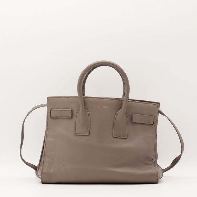 Vue de face Saint Laurent Sac de Jour Small cuir de veau lisse taupe occasion authentique — AMANA Vintage