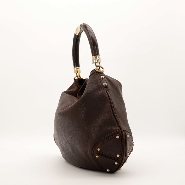 Gucci Hobo Bamboo marron vue de profil gauche cuir grainé occasion — AMANA Vintage