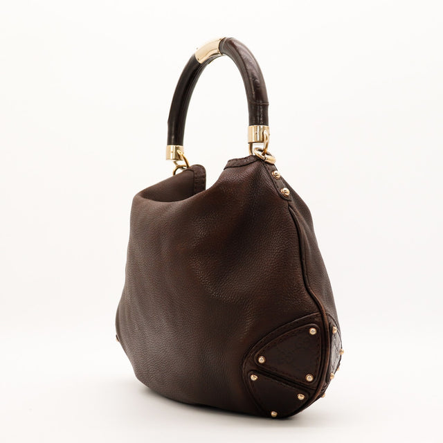 Gucci Hobo Bamboo marron vue de profil droit détail coins Guccissima — AMANA Vintage