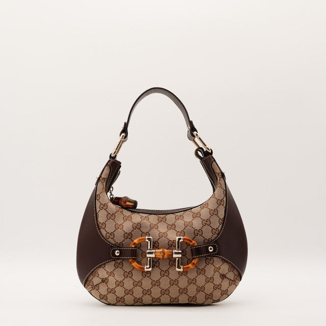 Sac Gucci Hobo Bambou toile monogrammée beige marron vue de face occasion authentique — AMANA Vintage