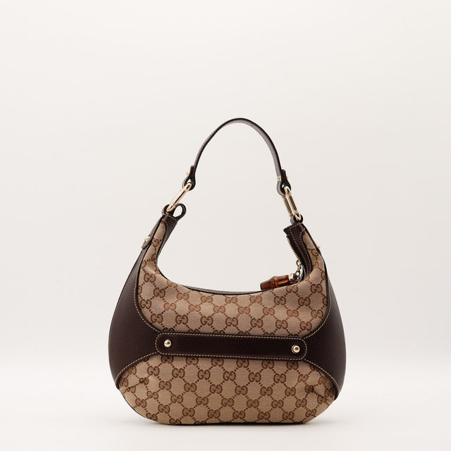 Vue de profil gauche Gucci Hobo Bambou toile monogrammée marron — AMANA Vintage
