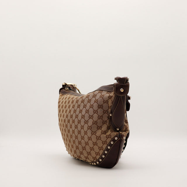 Sac Gucci Hobo Web vue de profil droit cuir marron clouté occasion — AMANA Vintage