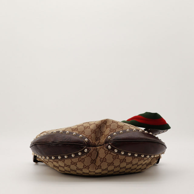 Sac Gucci Hobo Web vue du fond cuir marron clouté bandouliere Web — AMANA Vintage