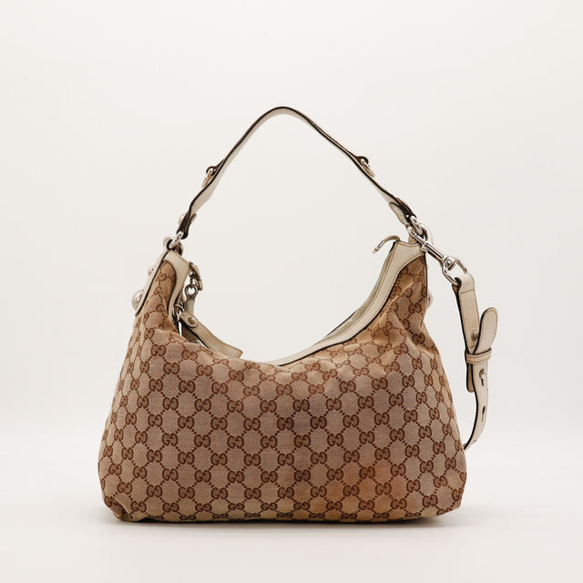 Gucci Hobo Horsebit toile GG Canvas vue de face cote droit occasion — AMANA Vintage
