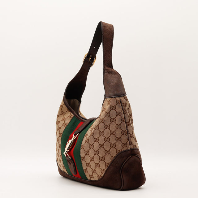 Sac Gucci New Jackie Web vue trois quarts gauche toile monogrammée cuir marron — AMANA Vintage