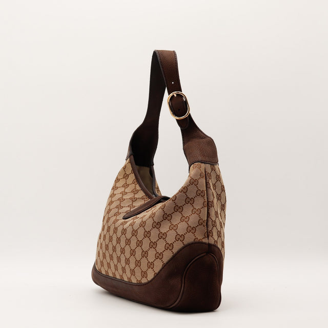 Sac Gucci New Jackie Web vue trois quarts droite cuir grainé marron — AMANA Vintage