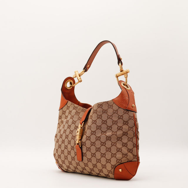 Gucci New Jackie hobo vue trois quarts gauche toile monogramme cuir terracotta — AMANA Vintage