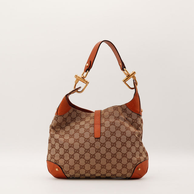 Gucci New Jackie vue de face toile monogrammée cuir terracotta occasion — AMANA Vintage