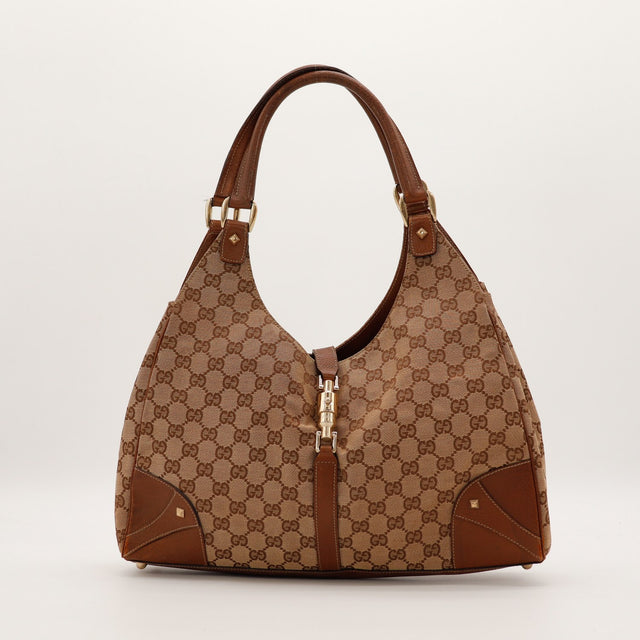 Sac Gucci New Jackie canvas GG beige marron vue de face occasion authentique — AMANA Vintage