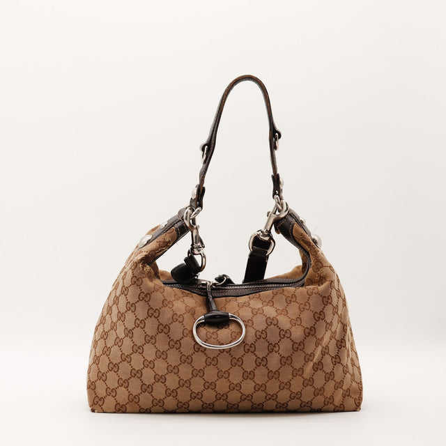Sac Gucci Hobo toile monogrammée anneau argenté vue de face occasion authentique — AMANA Vintage