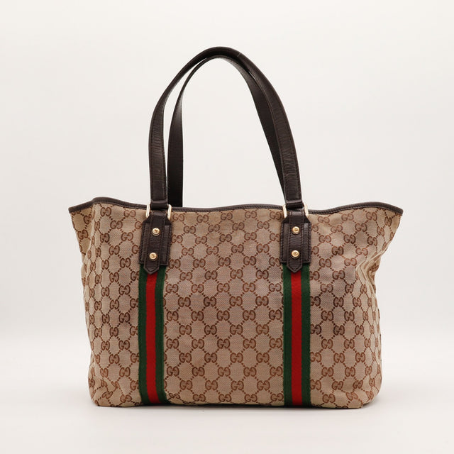 Tote Bag Bamboo Gucci vue de dos canvas GG et ruban Web vert rouge — AMANA Vintage