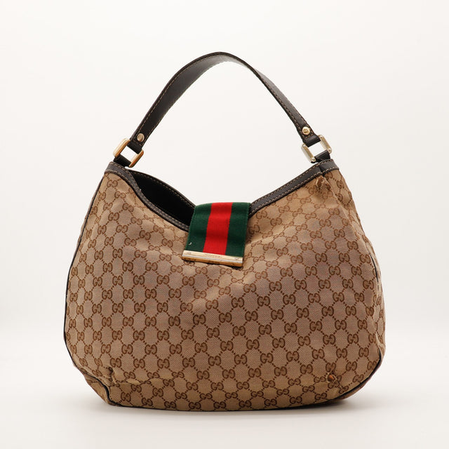 Sac Gucci Hobo Web toile GG canvas beige marron vue de face occasion authentique — AMANA Vintage