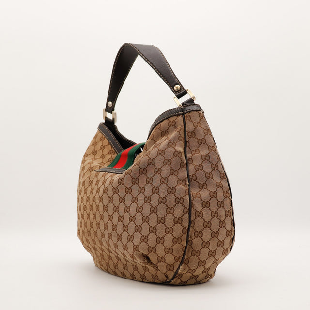 Vue de côté gauche Gucci Hobo Web toile GG marron occasion authentique — AMANA Vintage