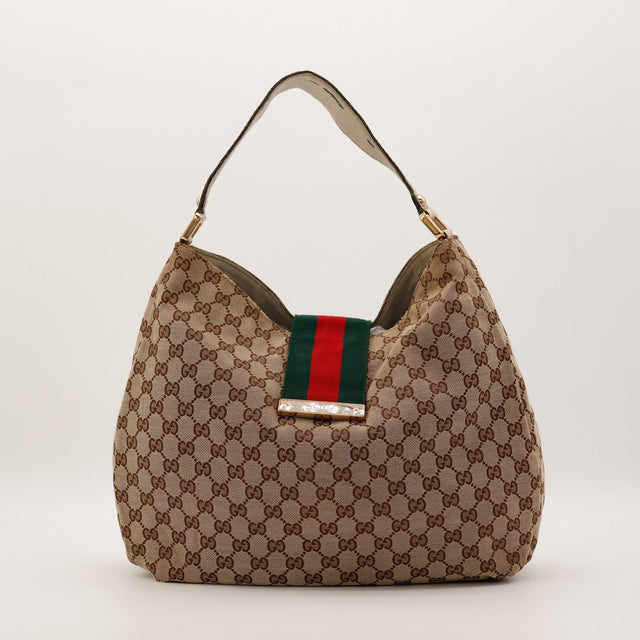 Sac Gucci Hobo Web toile GG Canvas beige cuir ivoire vue de face occasion authentique — AMANA Vintage