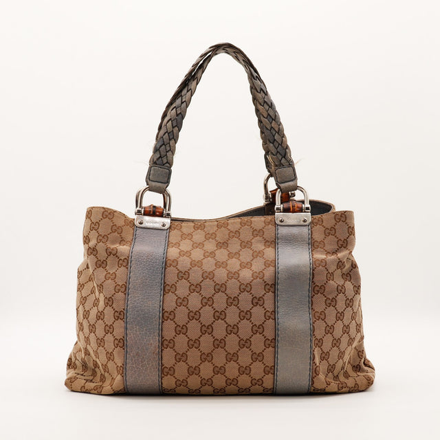 Tote Bag Bambou Gucci toile monogrammée beige et cuir gris vue de face occasion authentique — AMANA Vintage