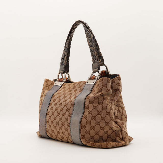 Tote Bag Bambou Gucci vue de trois quarts côté droit toile monogrammée — AMANA Vintage