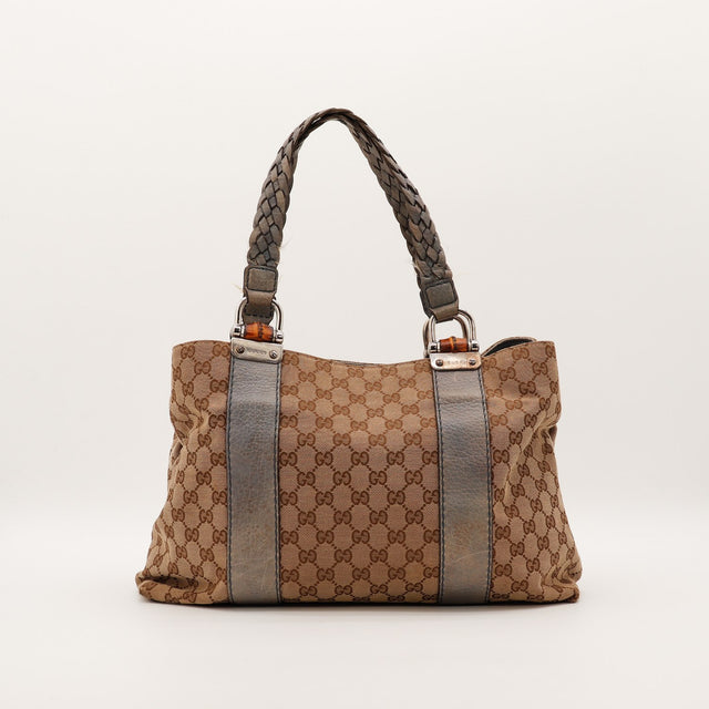 Tote Bag Bambou Gucci vue de face arrière cuir gris usé occasion — AMANA Vintage