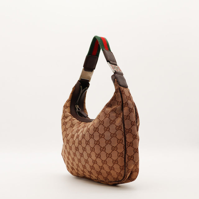Vue de profil Hobo Web Gucci toile monogrammée anse bande Web détail occasion — AMANA Vintage