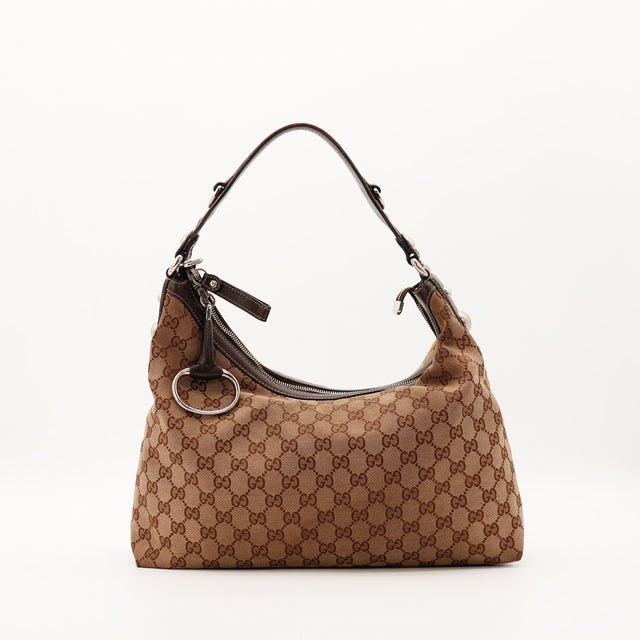 Hobo Gucci toile monogrammée beige marron vue de face occasion authentique — AMANA Vintage