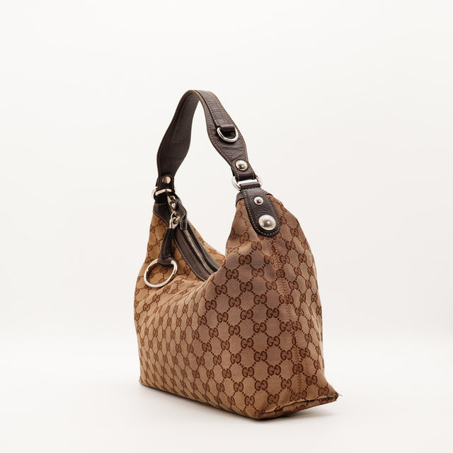 Vue de trois quarts Hobo Gucci toile monogrammée cuir marron — AMANA Vintage