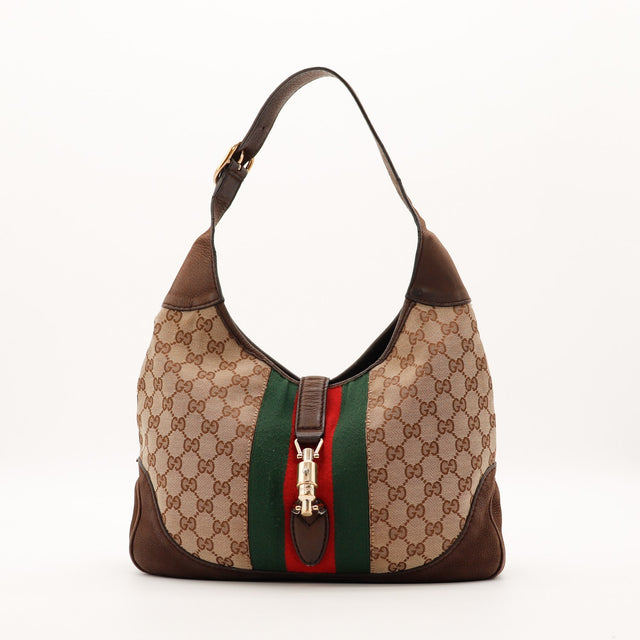 Sac Gucci New Jackie toile monogrammée bande Web vue de face occasion authentique — AMANA Vintage