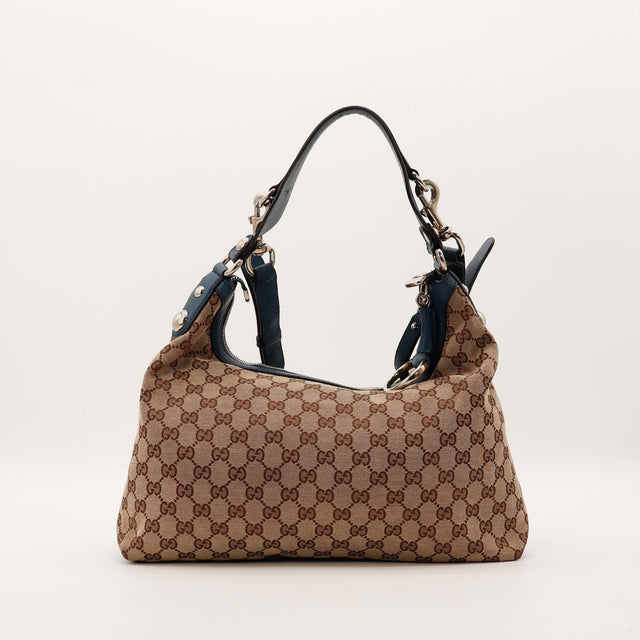 Hobo Gucci toile monogrammée cuir grainé marine vue de face occasion authentique — AMANA Vintage