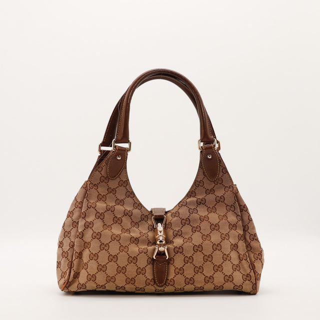 Sac Gucci New Jackie toile monogrammée beige marron vue de face occasion authentique — AMANA Vintage