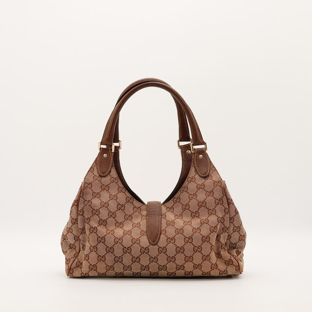 Sac Gucci New Jackie vue de face arrière toile monogrammée beige marron — AMANA Vintage