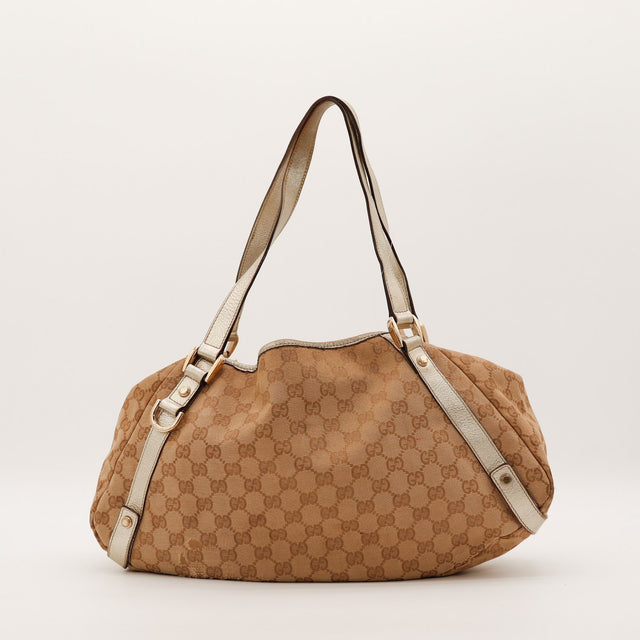 Sac Gucci Hobo toile monogrammée beige cuir doré vue de face occasion authentique — AMANA Vintage
