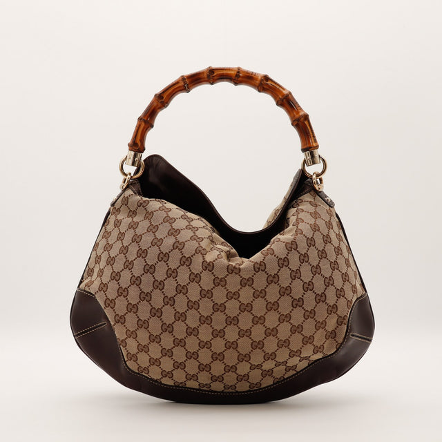 Hobo Bambou Gucci toile monogrammée beige marron vue de face occasion authentique — AMANA Vintage