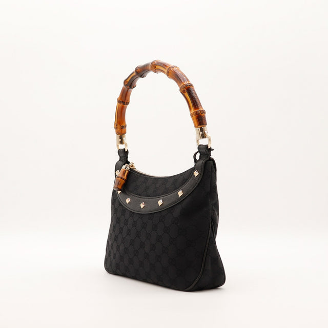 Vue de trois quarts gauche Hobo Bambou Gucci noir anse bambou — AMANA Vintage