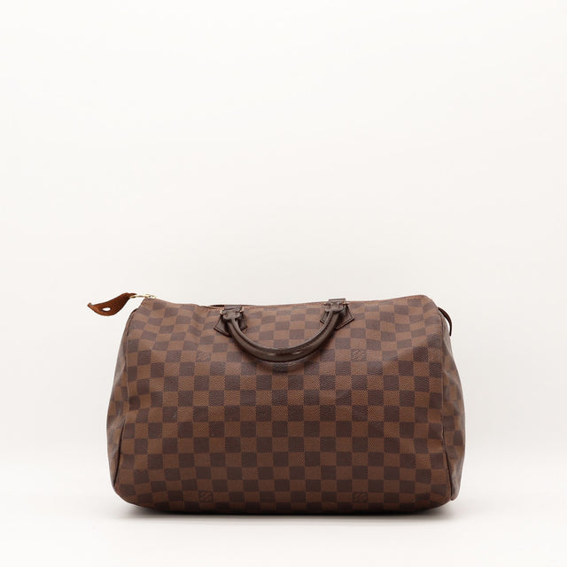 Intérieur doublure rouge Louis Vuitton Speedy 35 Damier Ébène occasion authentique — AMANA Vintage