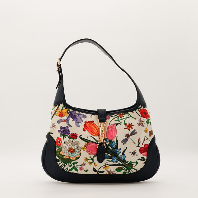 Sac Gucci Jackie Flora toile botanique ivoire cuir marine vue de face occasion authentique — AMANA Vintage